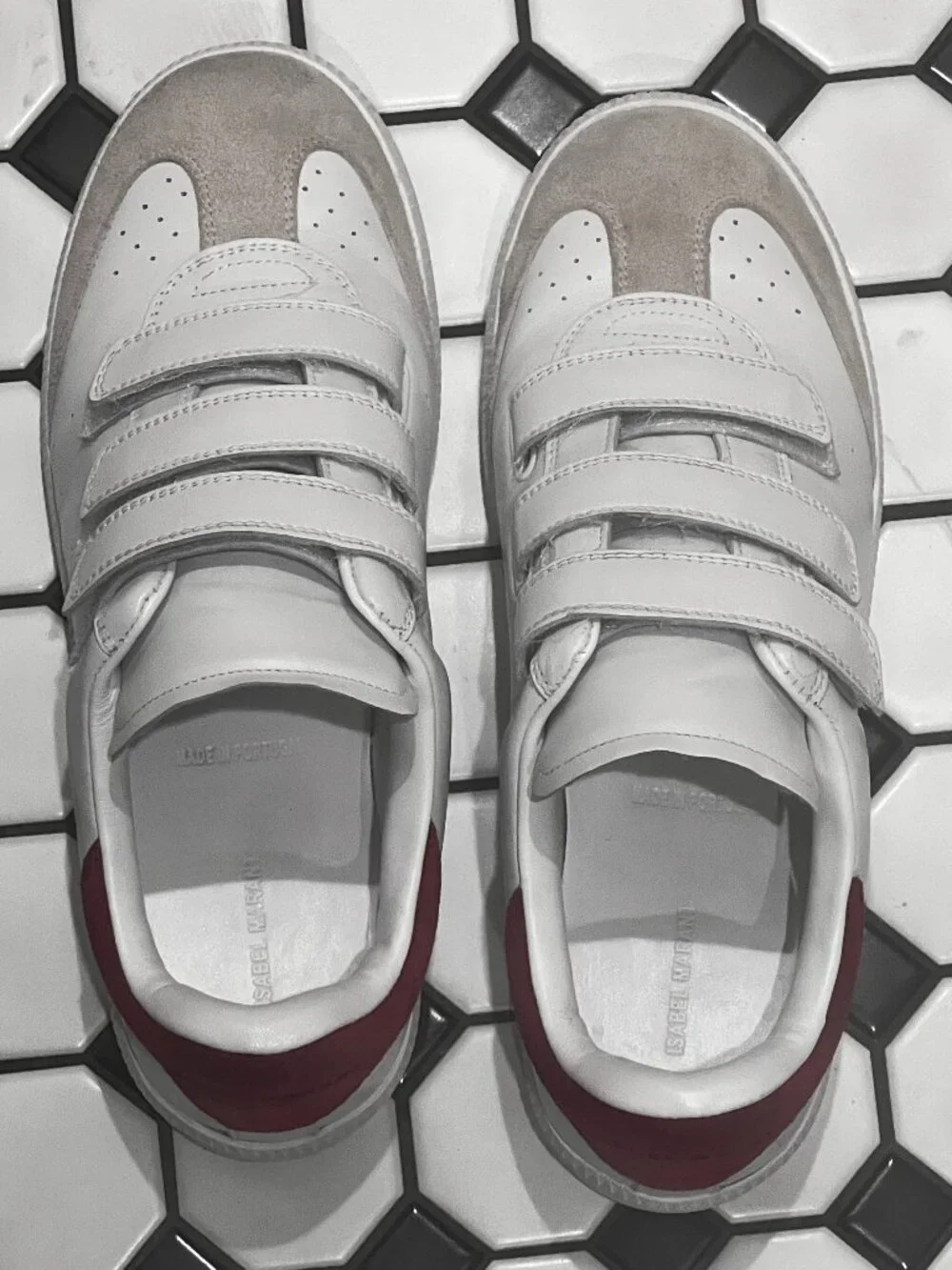 Isabel Marant White Leather & Light Red Suede Velcro Sneakers sz 41/10